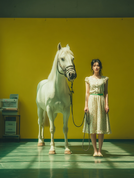 The virtual artist in a short-sleeved floral dress holding the reins of a white horse in a photography studio with a sage green infinity wall and long afternoon shadows