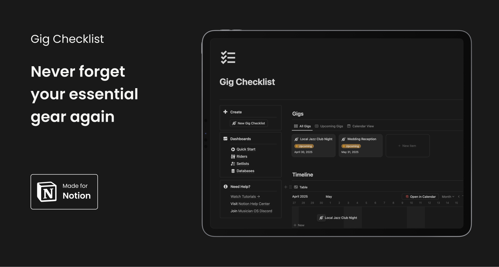 Gig Checklist — Never forget your essential gear again — a customisable checklist for gigging musicians and performers.