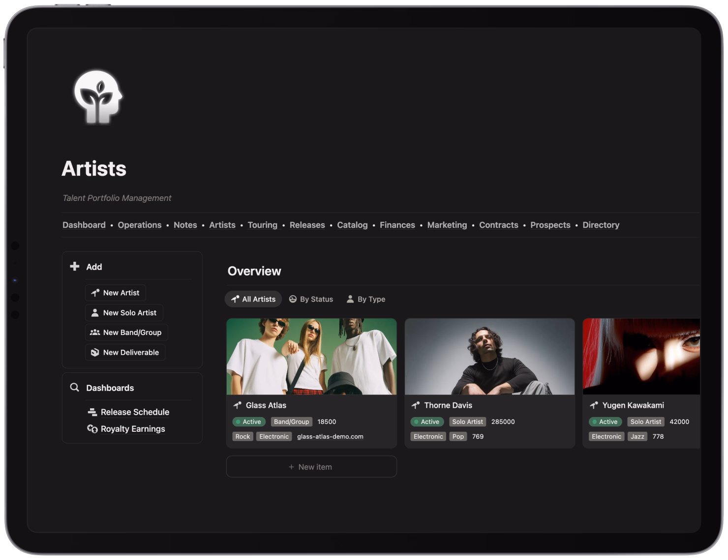 Tablet screen displaying an artist management dashboard with sections for adding artists and viewing artist profiles with statuses and genres.