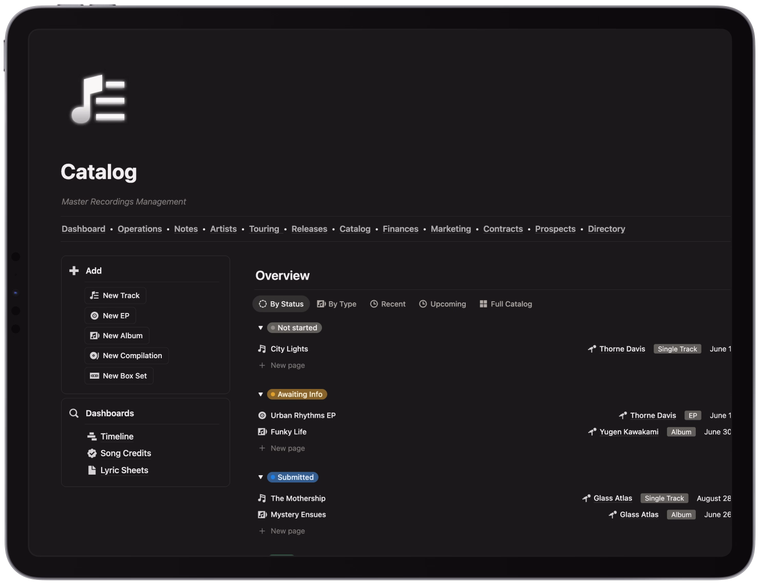Tablet screen showing a music catalog management app with sections for adding tracks, EPs, albums, compilations, and box sets, and a status overview categorizing music items by Not started, Awaiting Info, and Submitted.
