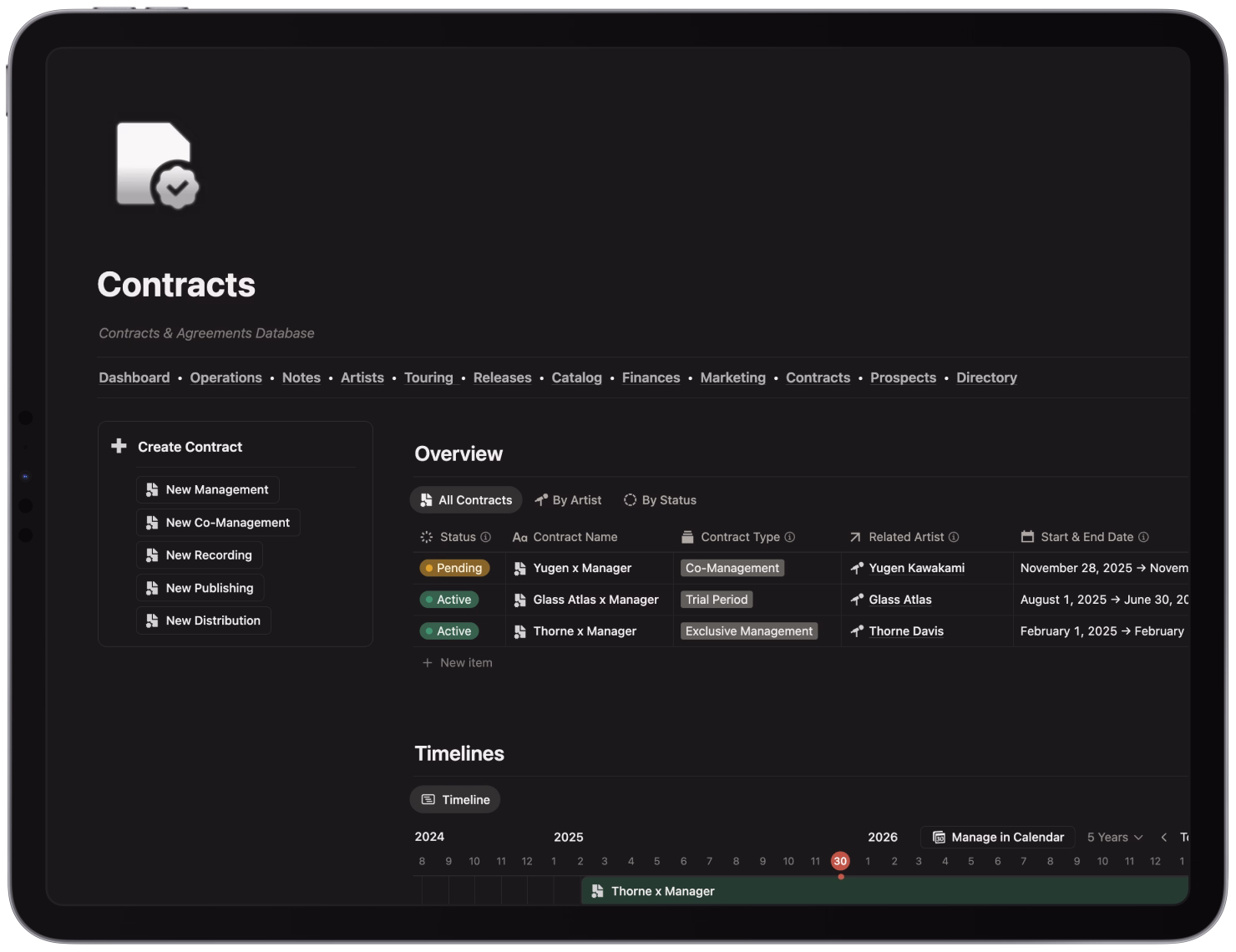 Tablet screen showing a Contracts dashboard with contract statuses, names, types, related artists, and a timeline from 2024 to 2026.