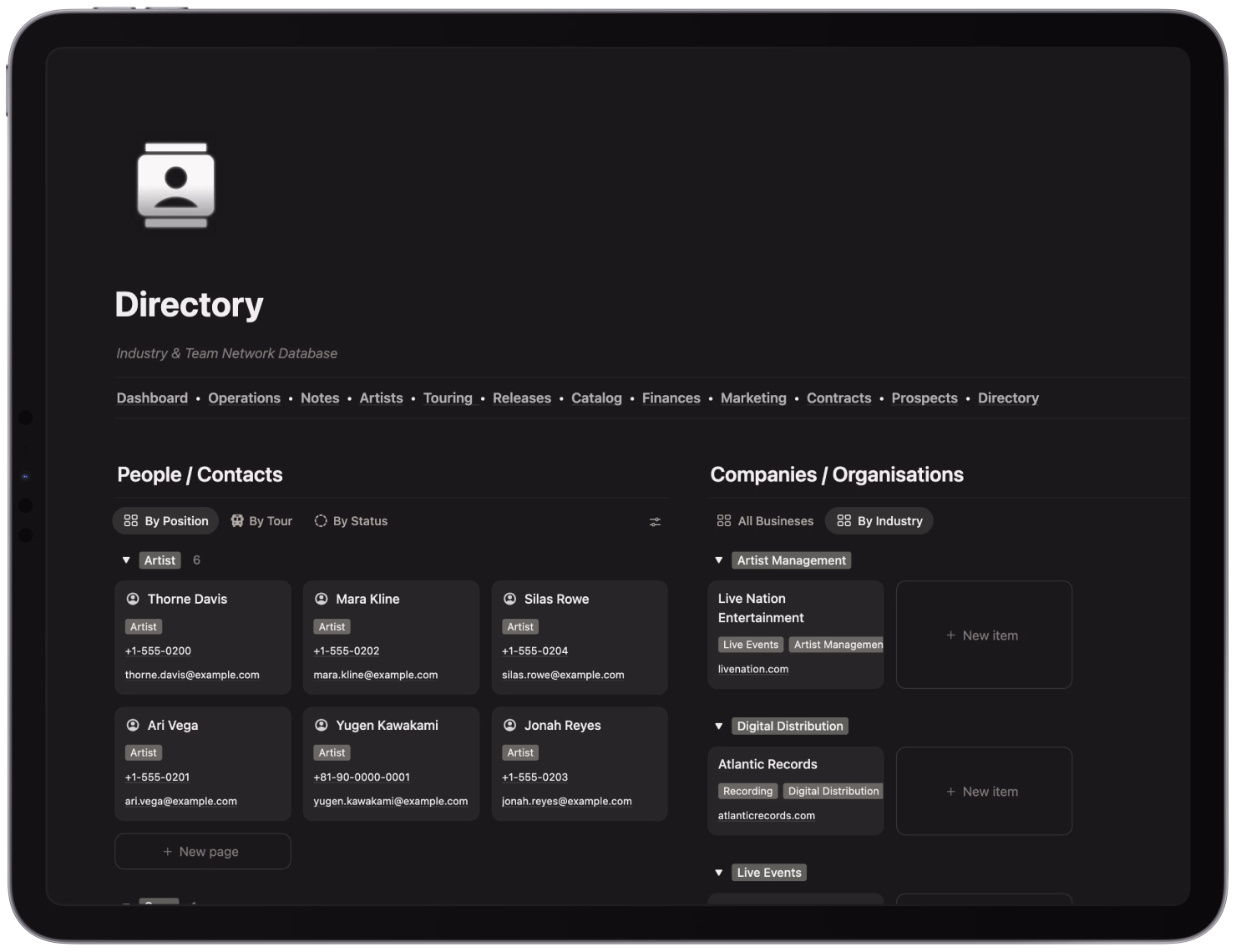 Tablet screen showing a music management directory with sections for People/Contacts and Companies/Organisations, listing artists and music industry companies with contact details.