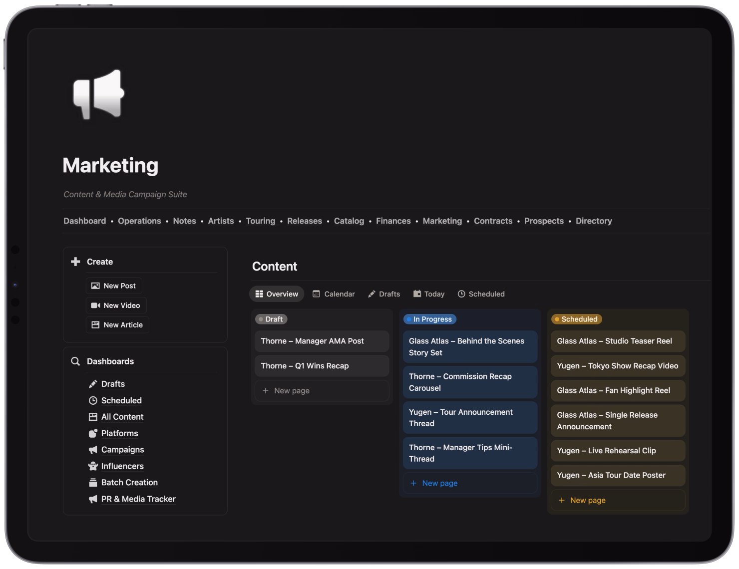 Tablet screen showing a dark-themed marketing content and media campaign dashboard with sections for creating posts, dashboards menu, and content overview organized by draft, in progress, and scheduled statuses.