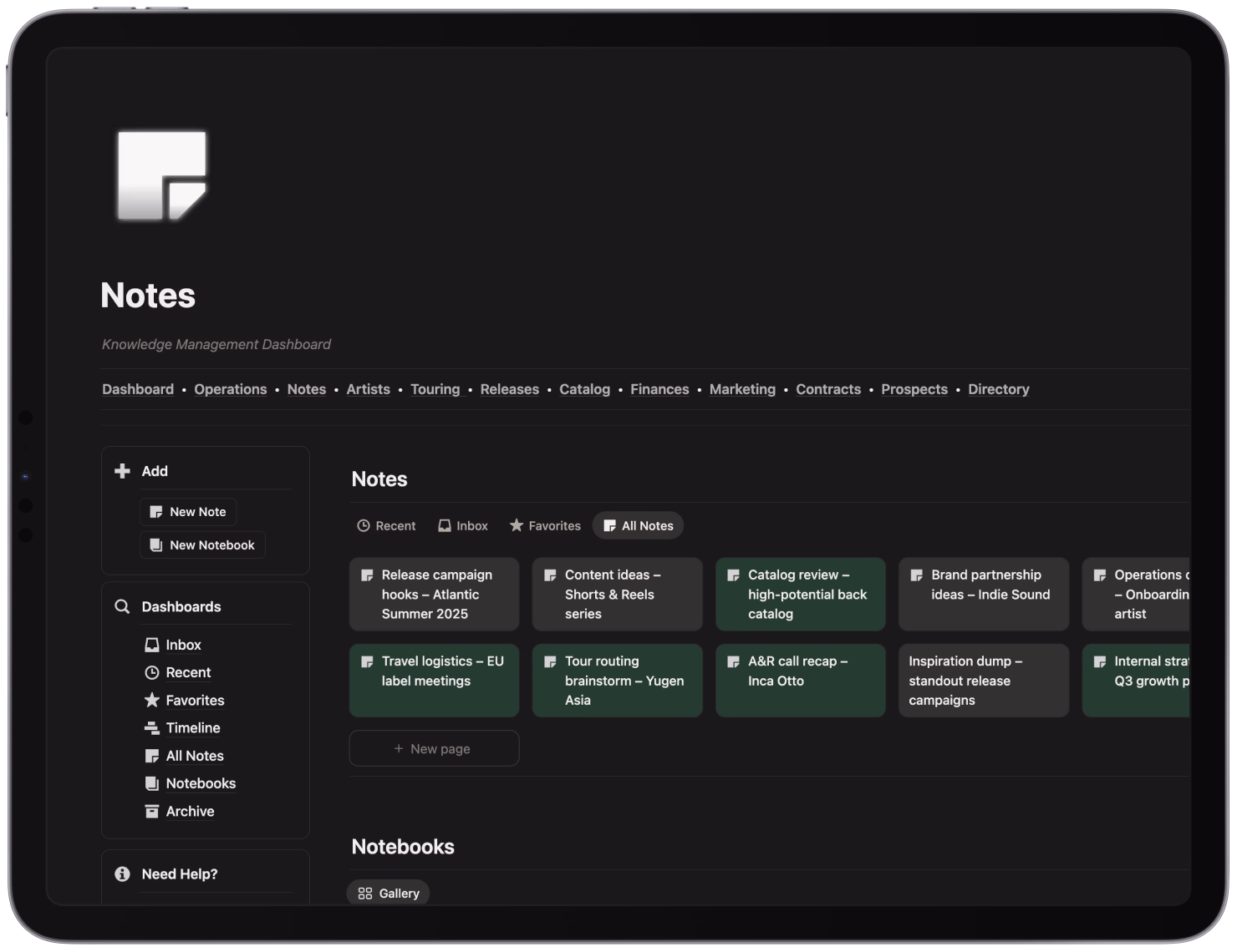 Tablet screen showing a dark-themed Notes app dashboard with navigation menu, categories like Recent, Inbox, Favorites, and note cards with titles about music and marketing topics.