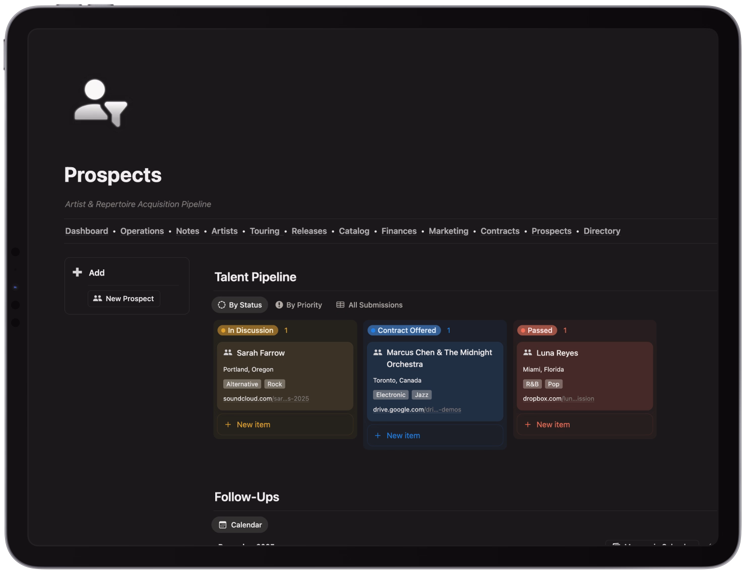 Tablet displaying a music management app screen titled Prospects with a talent pipeline showing items In Discussion, Contract Offered, and Passed, each listing artist names, locations, genres, and links.