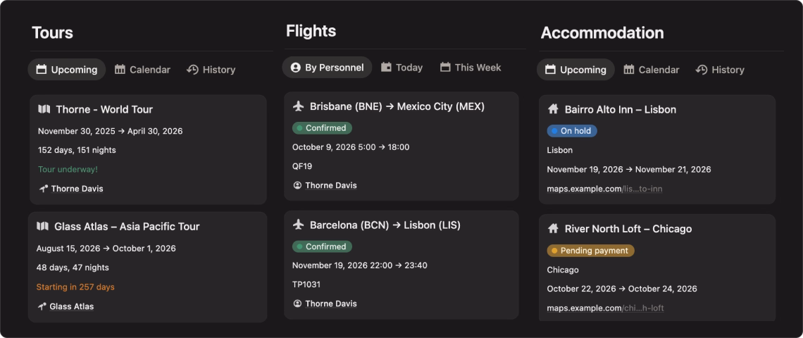 Touring dashboard showing upcoming tours, flights and accommodations with dates and status tags.