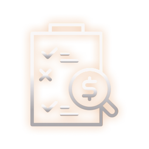 Icon of a clipboard with checks and crosses under a magnifying glass with a dollar sign.