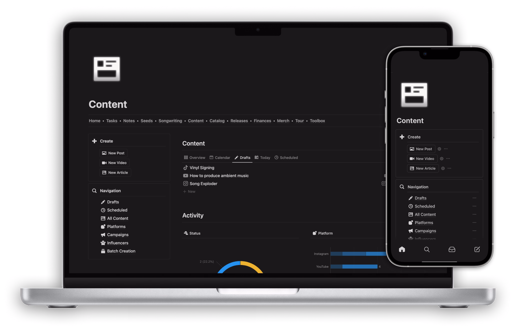 The Musician OS Content dashboard shown on a MacBook Pro and iPhone Pro.