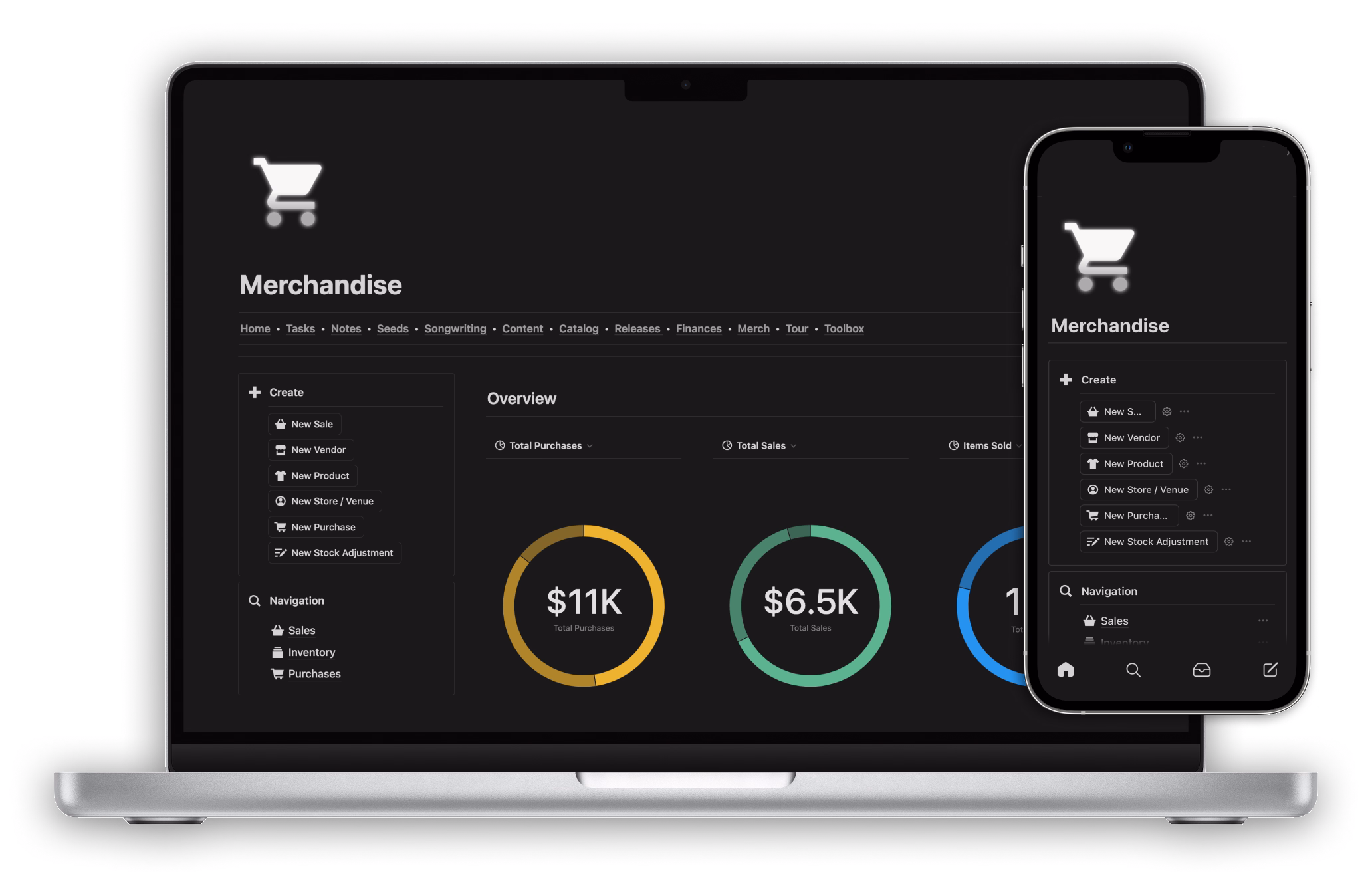 The Musician OS Merchandise dashboard shown on a MacBook Pro and iPhone Pro.