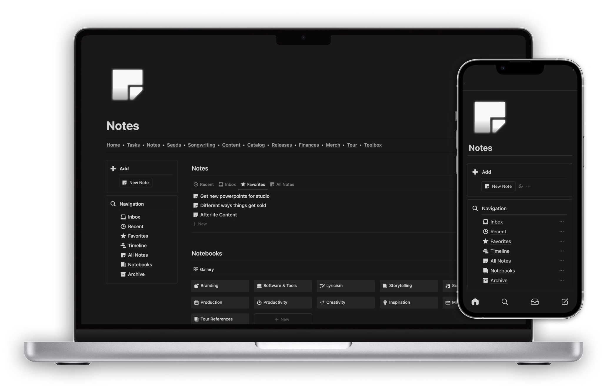 The Musician OS Notes dashboard shown on a MacBook Pro and iPhone Pro.
