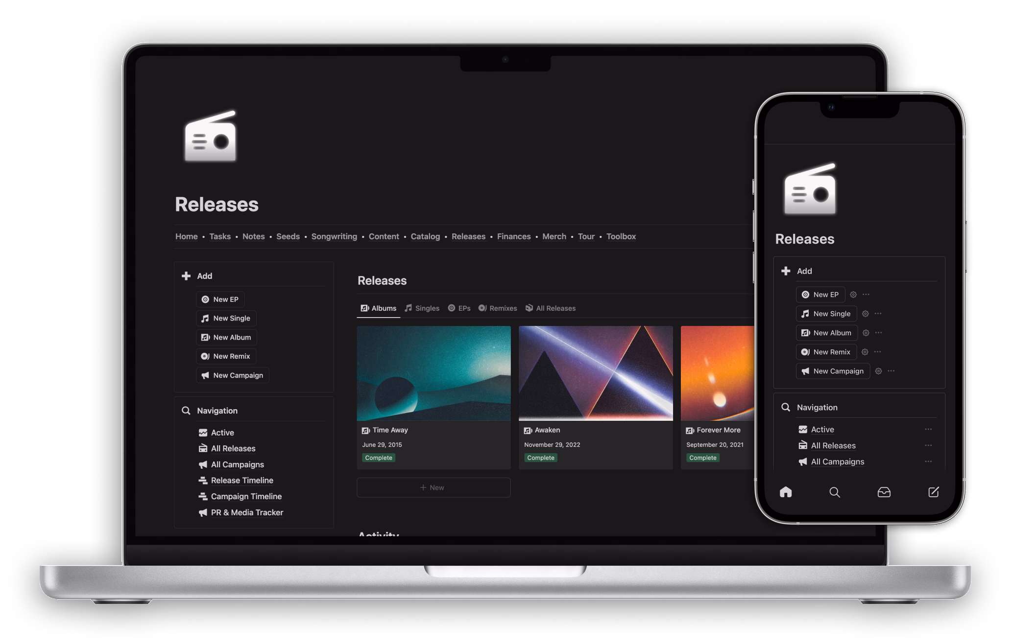The Musician OS Releases dashboard shown on a MacBook Pro and iPhone Pro.