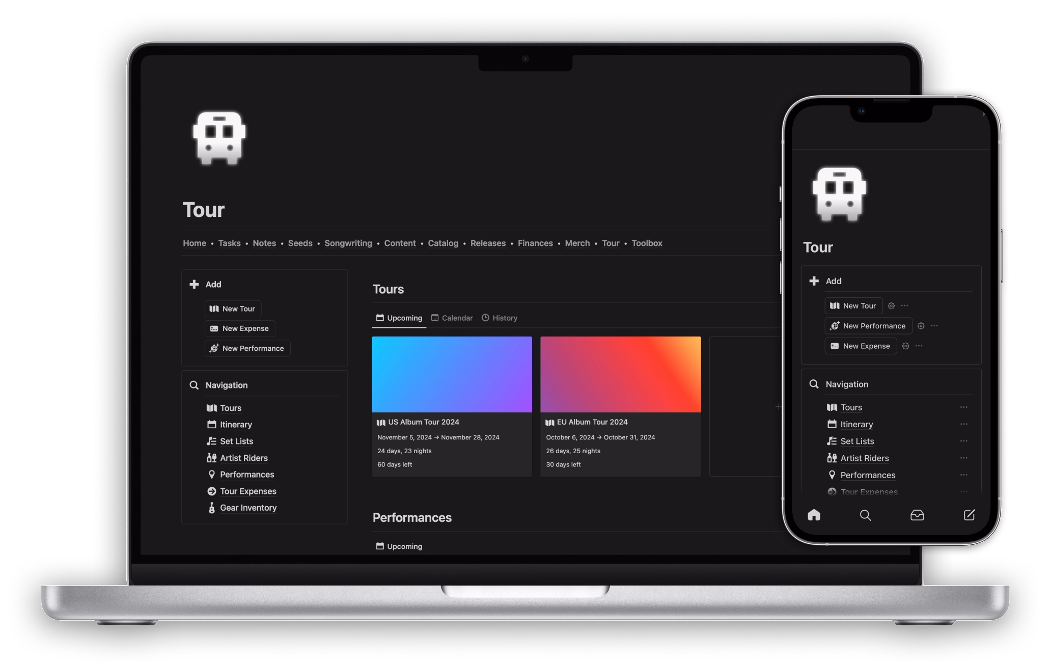 The Musician OS Tour dashboard shown on a MacBook Pro and iPhone Pro.