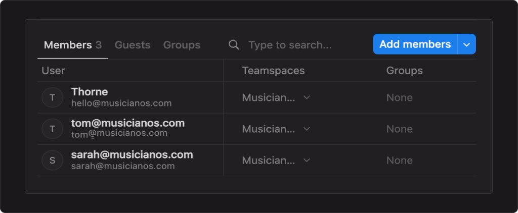 Screenshot displaying a "Members" interface in Musician OS with options to manage team members, showing names, emails, team spaces, and group assignments. Emphasizes team expansion and management of permissions.