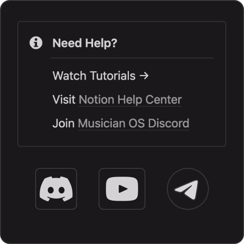 Screenshot showing a support panel in Musician OS with options to watch tutorials, visit the Notion Help Center, and join the Musician OS Discord community. Icons for Discord, YouTube, and Telegram are visible, highlighting available channels for help and collaboration.