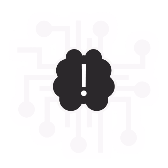 Brain-like icon with an exclamation mark, surrounded by circuit connections.