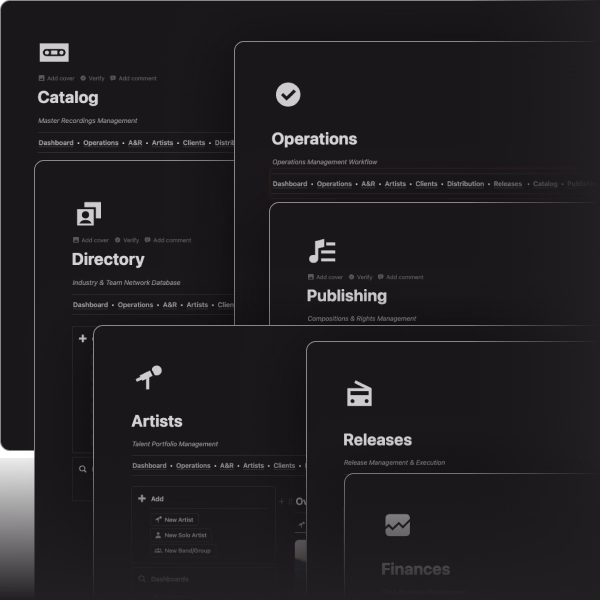 Label management platform showing catalog sections including Operations, Directory, Artists, Publishing and Releases.