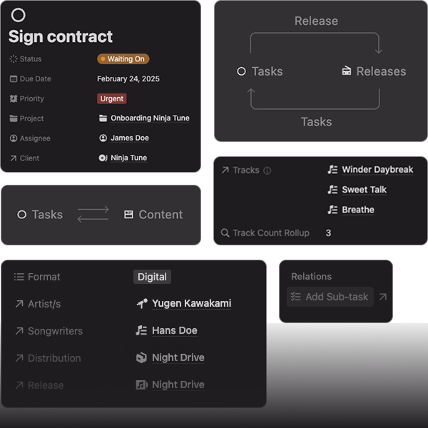 Contract-signing task detail showing linked tracks and artist information for a label deal.